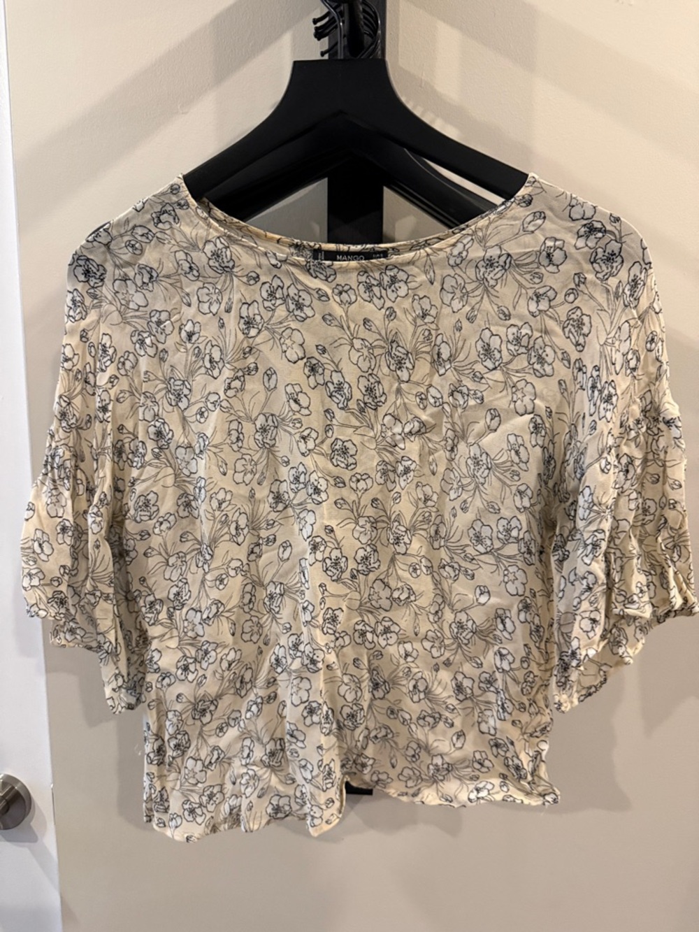 Mango Cream Floral Short Sleeve Blouse with Black Outline Print